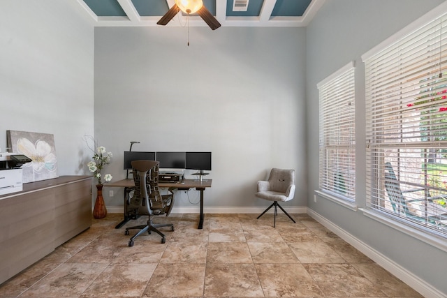 40377 Mostyn Dr, Magnolia, TX 77354 - home office featuring ceiling fan, baseboards, and stone finish flooring