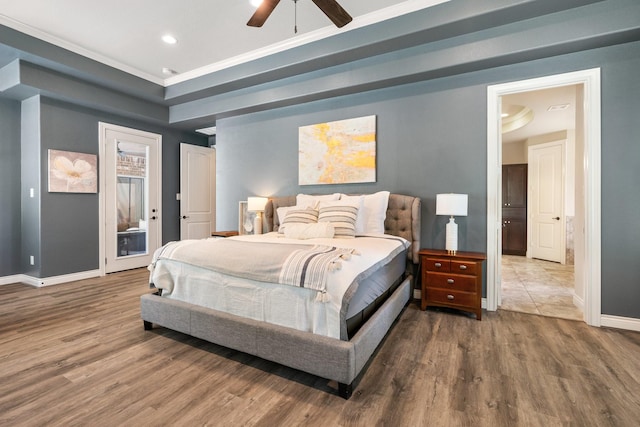 40377 Mostyn Dr, Magnolia, TX 77354 - bedroom with baseboards, wood finished floors, recessed lighting, ornamental molding, and a ceiling fan