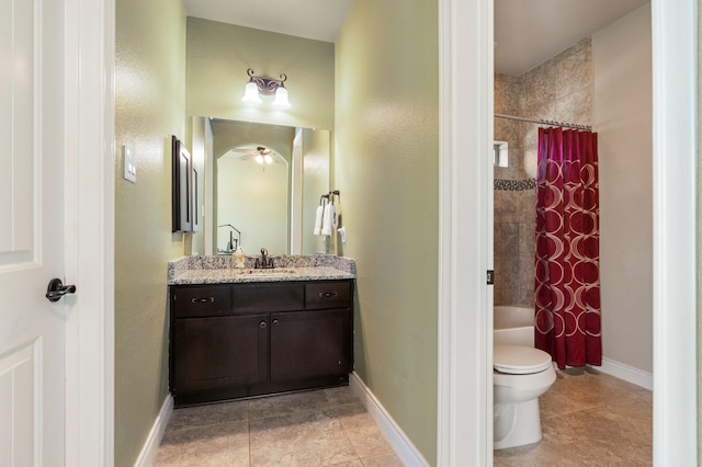 40377 Mostyn Dr, Magnolia, TX 77354 - full bath with vanity, toilet, a ceiling fan, tile patterned flooring, and shower / bath combination with curtain