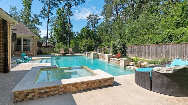 40377 Mostyn Dr, Magnolia, TX 77354 - view of pool featuring a fenced backyard, a patio, and a pool with connected hot tub