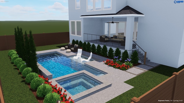 918 Wildwood Ln, Bellaire, TX 77401 - view of swimming pool featuring an in-ground hot tub, a patio, and ceiling fan