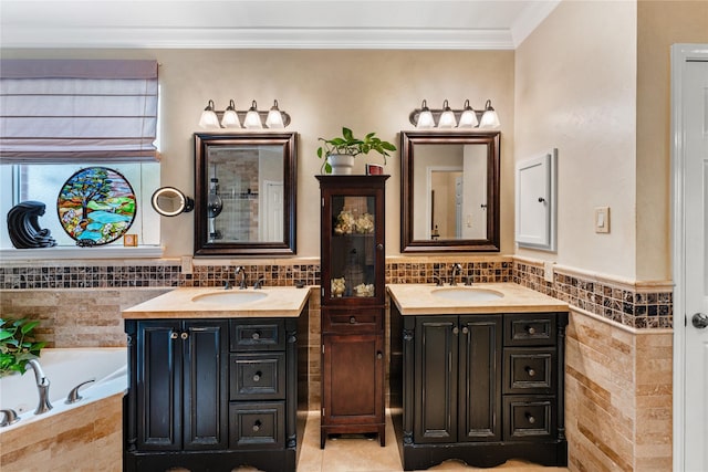 living area with a ceiling fan, a stone fireplace, and crown molding