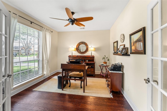 office area featuring baseboards, hardwood / wood-style flooring, and french doors