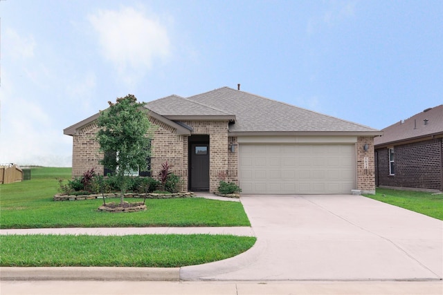 1634 William Scott St, Baytown, TX 77523 - single story home with brick siding, a garage, a front yard, driveway, and a shingled roof