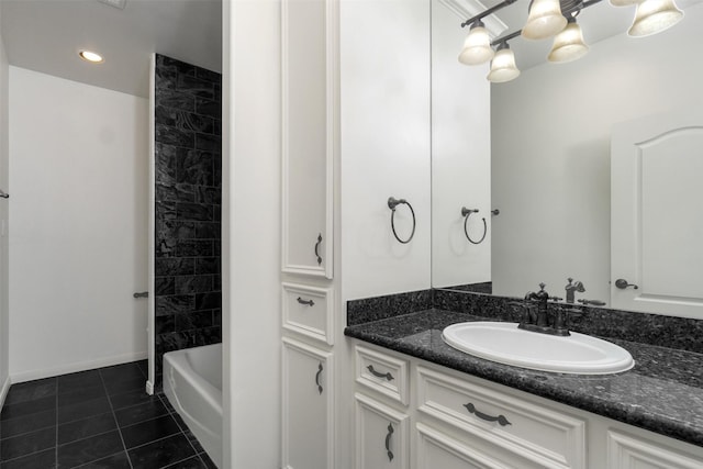 2350 Hewitt St, League City, TX 77573 - full bath featuring tile patterned flooring, a chandelier, vanity, recessed lighting, and washtub / shower combination