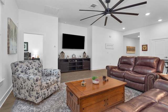954 Golden Willow Ln, Conroe, TX 77304 - living room featuring a ceiling fan, wood finished floors, baseboards, and recessed lighting