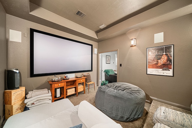 11710 Saporito Way, Richmond, TX 77406 - cinema room with baseboards, a textured wall, visible vents, a raised ceiling, and carpet