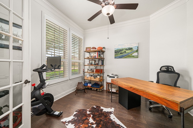 11710 Saporito Way, Richmond, TX 77406 - home office featuring ornamental molding, baseboards, a ceiling fan, and wood finished floors
