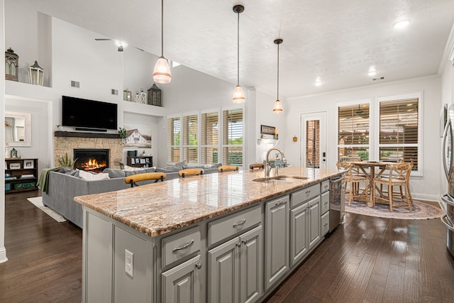 11710 Saporito Way, Richmond, TX 77406 - kitchen with a sink, gray cabinetry, dark wood finished floors, and a fireplace