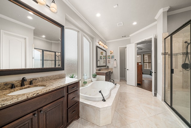 11710 Saporito Way, Richmond, TX 77406 - bathroom featuring a sink, ornamental molding, a whirlpool tub, recessed lighting, and a stall shower