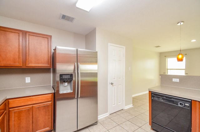 9518 Prairie Dale Ct, Houston, TX 77075 - kitchen featuring stainless steel fridge with ice dispenser, black dishwasher, light tile patterned floors, light countertops, and recessed lighting