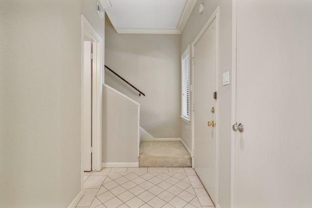 11711 Memorial Dr Unit 367, Houston, TX 77024 - staircase with crown molding, carpet, tile patterned flooring, visible vents, and baseboards
