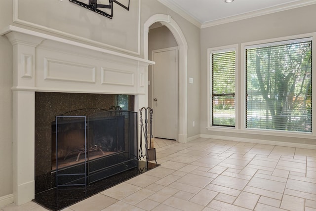 11711 Memorial Dr Unit 367, Houston, TX 77024 - living area featuring ornamental molding, baseboards, arched walkways, and a high end fireplace