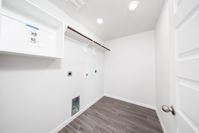 16547 Willow Forest Dr, Conroe, TX 77302 - laundry area with hookup for an electric dryer, washer hookup, wood finished floors, recessed lighting, and gas dryer hookup