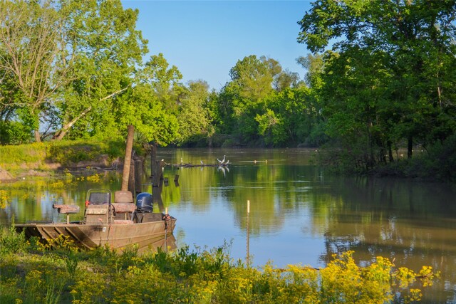dock area featuring a wooded view and a water view