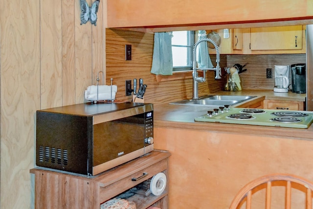 kitchen with tasteful backsplash, white electric stovetop, and a sink