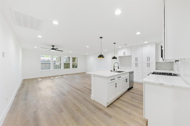 5338 Pease St, Houston, TX 77023 - kitchen featuring light wood-style flooring, stainless steel dishwasher, a sink, and recessed lighting