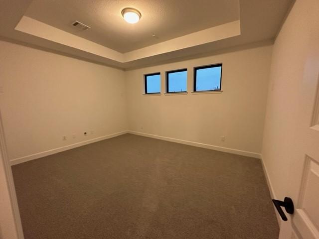 9015 Orchard Cv, Missouri City, TX 77459 - spare room featuring a tray ceiling, baseboards, visible vents, and dark colored carpet
