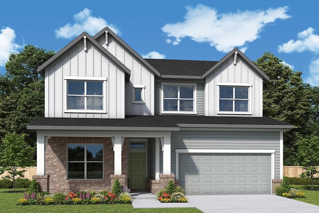 16146 Rita Rd, Conroe, TX 77302 - view of front facade featuring board and batten siding, concrete driveway, an attached garage, and brick siding