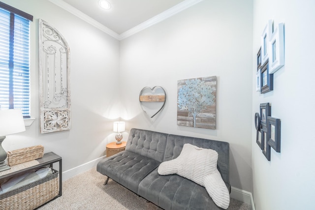 living area with crown molding, recessed lighting, carpet floors, and baseboards