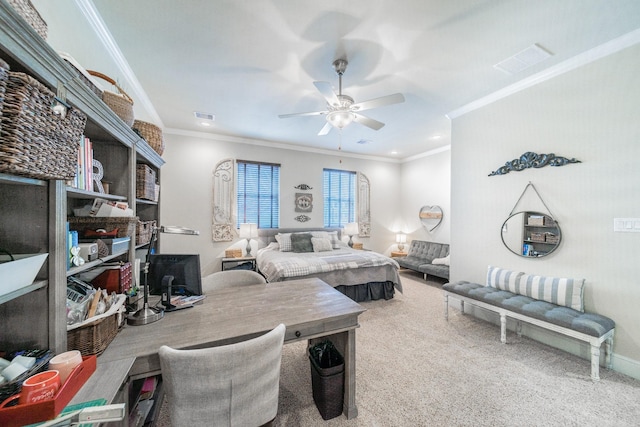 carpeted bedroom featuring crown molding, a ceiling fan, and visible vents