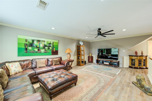16123 Chasemore Dr, Spring, TX 77379 - living room featuring a ceiling fan, wood finished floors, recessed lighting, and crown molding