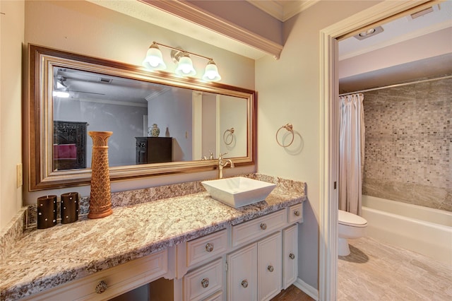 16123 Chasemore Dr, Spring, TX 77379 - bathroom featuring toilet, vanity, crown molding, and shower / bath combo with shower curtain