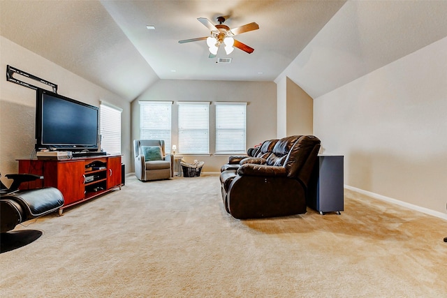 2011 Wembley Way, Rosenberg, TX 77471 - living room featuring baseboards, a ceiling fan, lofted ceiling, and light carpet