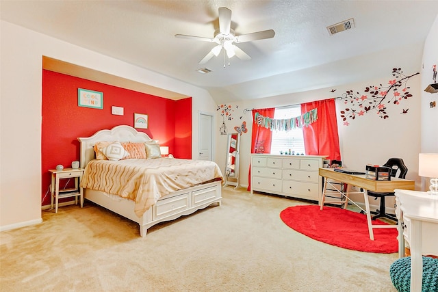2011 Wembley Way, Rosenberg, TX 77471 - carpeted bedroom featuring a ceiling fan, baseboards, visible vents, and lofted ceiling