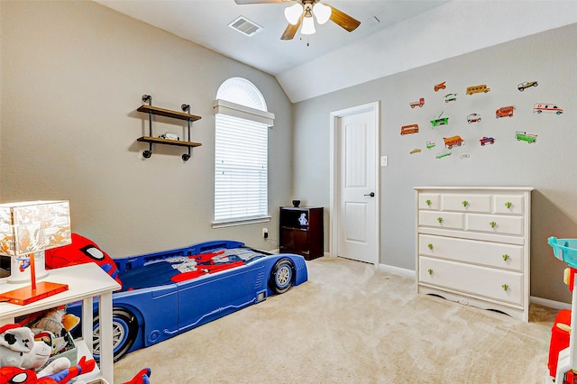 2011 Wembley Way, Rosenberg, TX 77471 - bedroom with carpet flooring, ceiling fan, baseboards, lofted ceiling, and visible vents