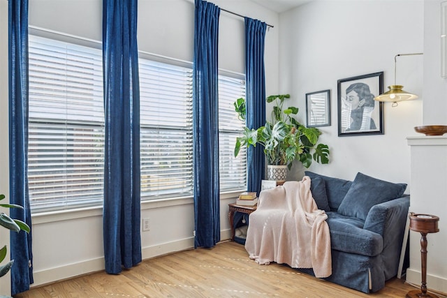 living area featuring baseboards and wood finished floors