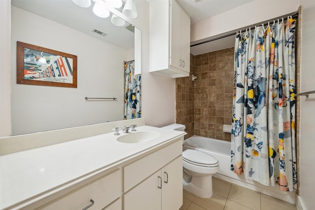 full bath with shower / bath combination with curtain, vanity, tile patterned flooring, visible vents, and toilet