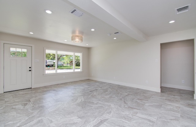 624 Willow Ln, Eagle Lake, TX 77434 - entryway featuring recessed lighting, light marble finish floors, baseboards, and beamed ceiling