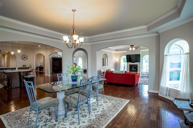 dining room featuring dark wood-type flooring, arched walkways, a healthy amount of sunlight, and ceiling fan with notable chandelier