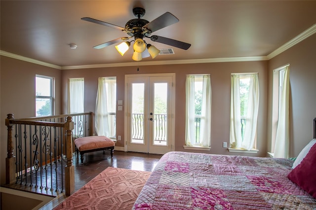 bedroom featuring access to outside, a ceiling fan, ornamental molding, visible vents, and french doors