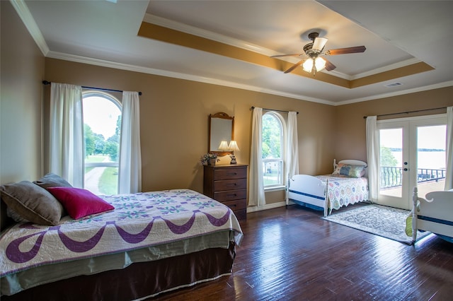 bedroom featuring a raised ceiling, access to exterior, french doors, and multiple windows