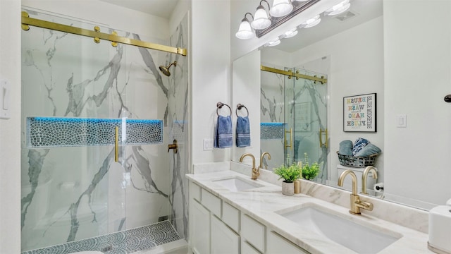 331 Old Aqua Lndg, Montgomery, TX 77356 - full bathroom with double vanity, visible vents, a sink, and a marble finish shower
