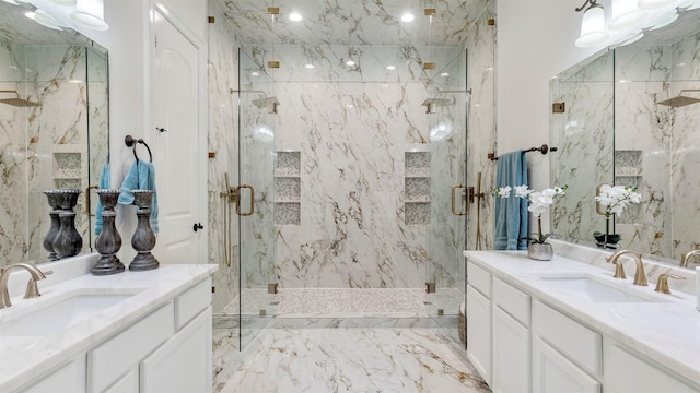 331 Old Aqua Lndg, Montgomery, TX 77356 - full bathroom featuring two vanities, a marble finish shower, and a sink