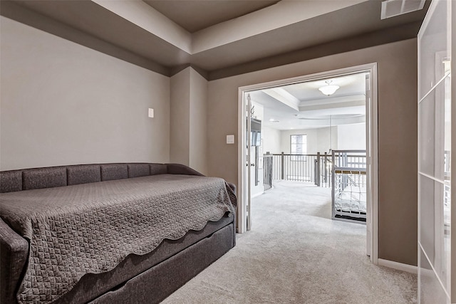 21123 Coral View Dr, Cypress, TX 77433 - bedroom featuring ornamental molding, visible vents, carpet flooring, a raised ceiling, and baseboards