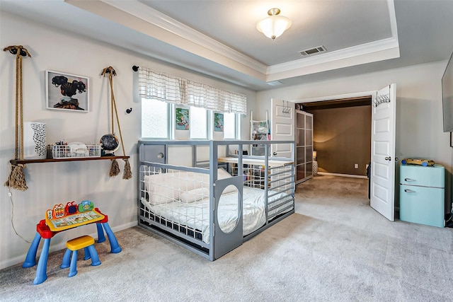 21123 Coral View Dr, Cypress, TX 77433 - bedroom with baseboards, crown molding, carpet floors, visible vents, and a raised ceiling