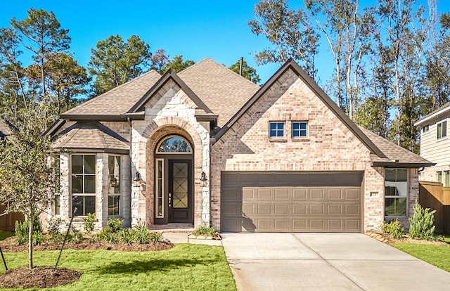 8215 Mount Washburn Ln, Porter, TX 77365 - french country inspired facade with brick siding, a front lawn, a shingled roof, and concrete driveway
