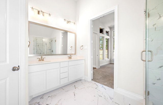 8215 Mount Washburn Ln, Porter, TX 77365 - full bathroom with baseboards, marble finish floor, a sink, and a marble finish shower