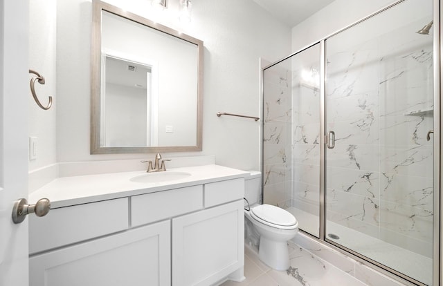 8215 Mount Washburn Ln, Porter, TX 77365 - bathroom featuring toilet, marble finish floor, a stall shower, and vanity