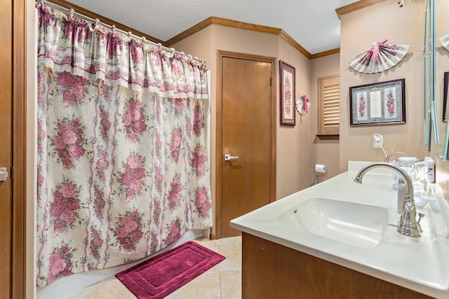 bathroom with a shower with shower curtain, tile patterned floors, vanity, and ornamental molding