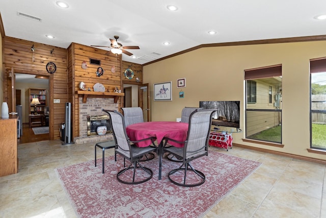 dining area with ornamental molding, vaulted ceiling, recessed lighting, a ceiling fan, and visible vents