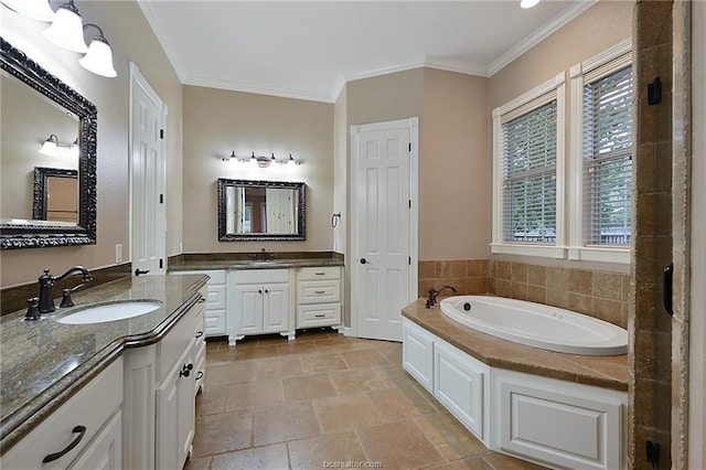 full bathroom featuring a garden tub, stone tile floors, a sink, and crown molding