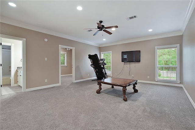 exercise room with visible vents, ceiling fan, plenty of natural light, and carpet floors