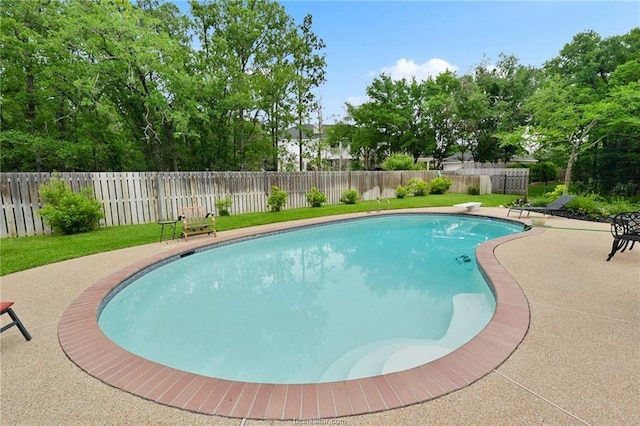 view of swimming pool featuring a patio area, a fenced backyard, a fenced in pool, and a lawn