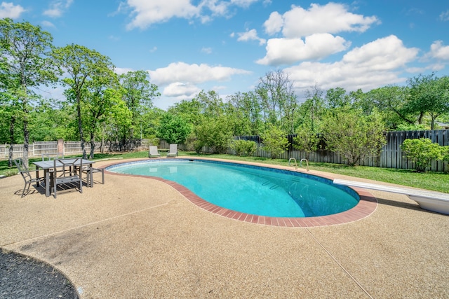view of swimming pool with a fenced in pool, a patio, and a fenced backyard
