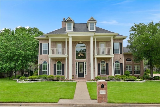neoclassical home featuring a front yard, a chimney, brick siding, and a balcony